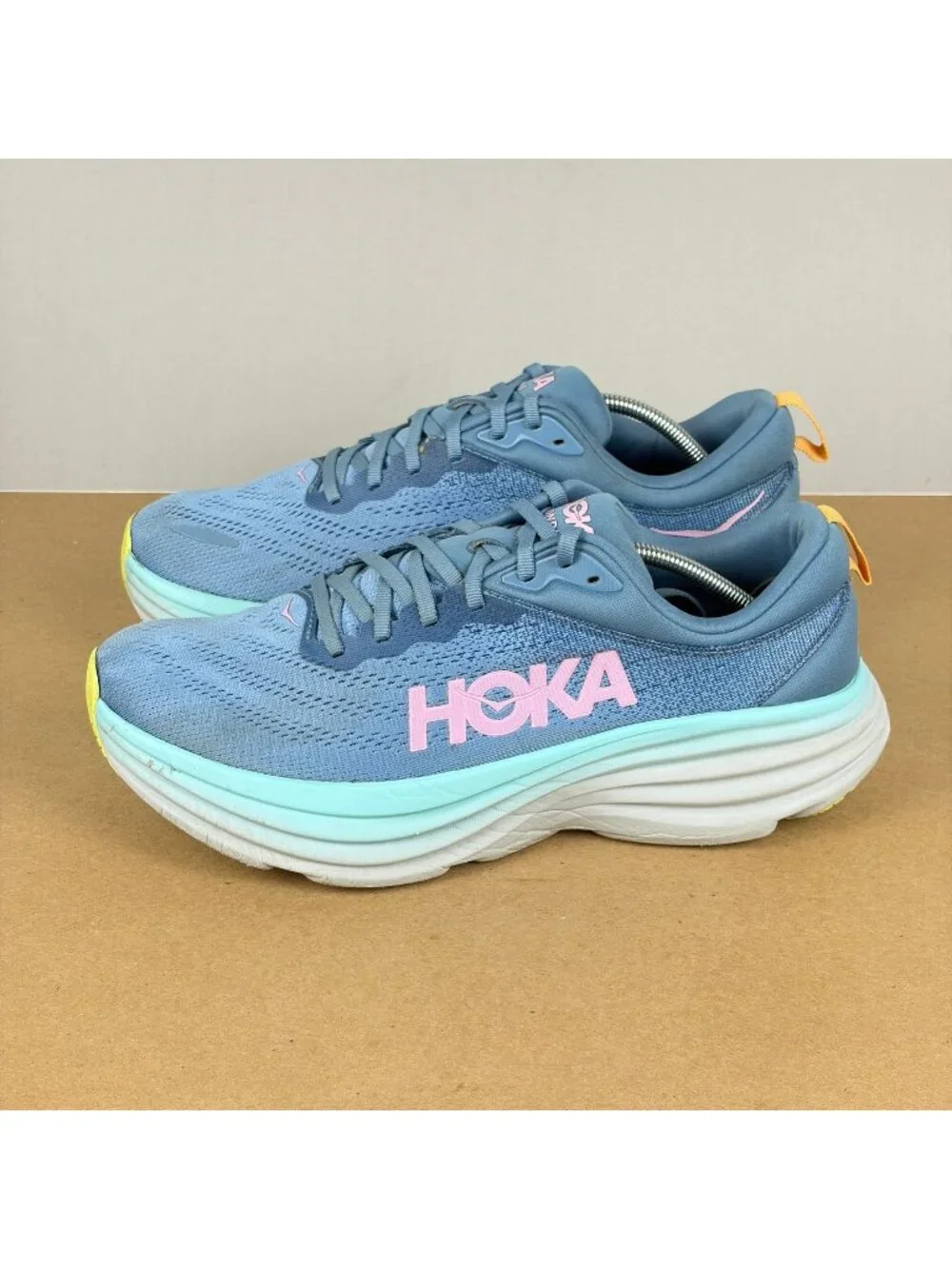 Hoka Bondi 8 Athletic Running Shoes Womens 11 Blue Pink Breathable Low Top